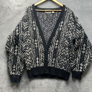 Vintage Cardigan Sweater Mens Medium Black Aztec Knit 80s Preppy Eclectic Y2K